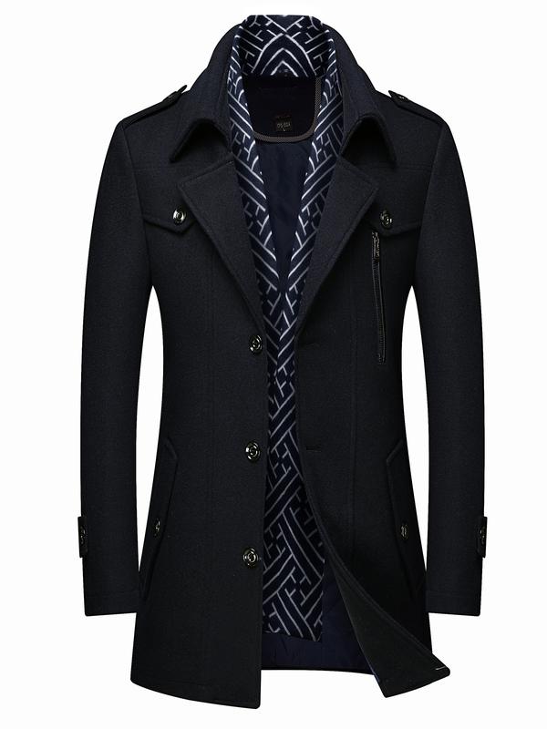 Men's Wool Blend Trench Coat with Detachable Soft Scarf Notched Collar Single Breasted Pea Coat Overcoat