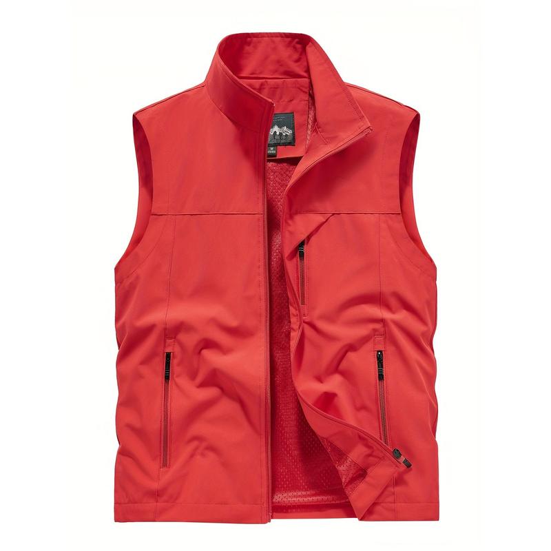 Men's Solid Color Sleeveless Jacket with Zipper Pocket, Activity Zipped Stand Collar Vest, Suitable for Spring, Summer and Autumn Outdoor Activities