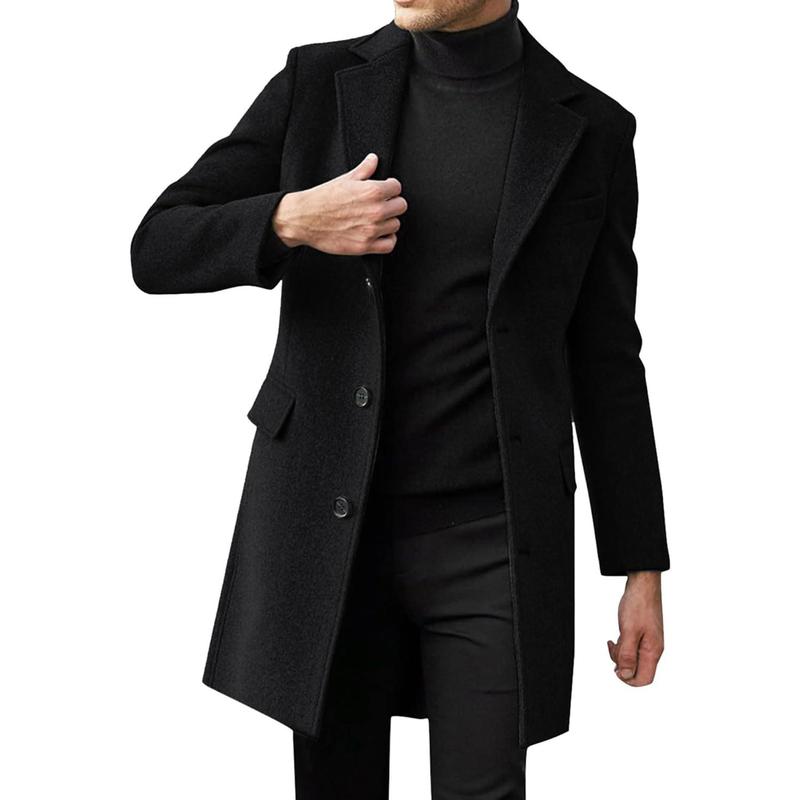 Runcati Mens Single Breasted Trench Coat Winter Pea Coat Notch Lapel Long Casual Overcoat