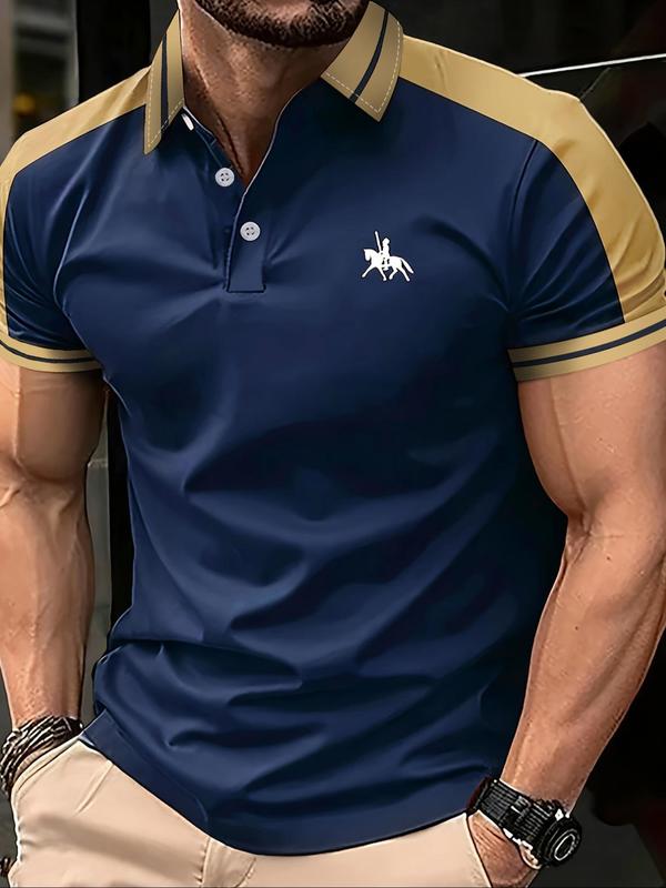 Men's Regular Fit Horseman Print Short Sleeve Polo Shirt, Patchwork Casual Button Front Collared Top for Summer, Fashion Men's Clothes for Daily Wear