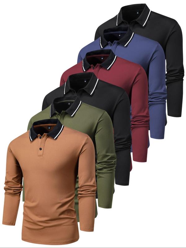 Men's Patchwork Contrast Binding Polo Shirt, Regular Fit Casual Long Sleeve Button Top for Spring & Fall, Men's Clothes for Daily Wear