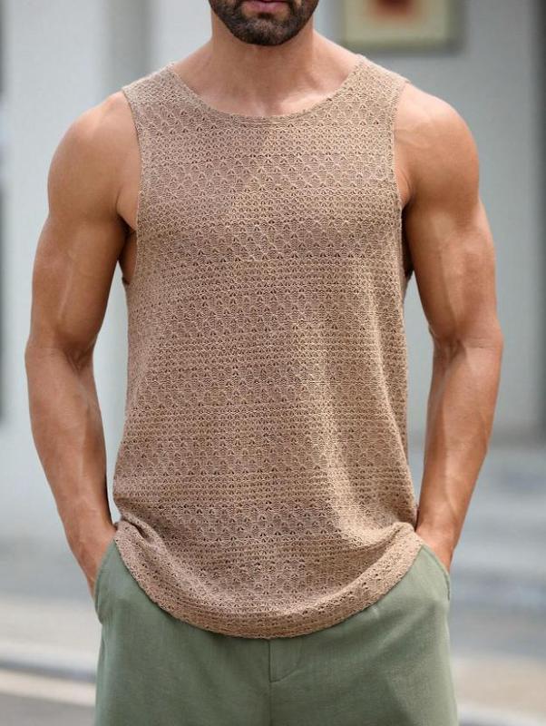 Men Knitted Casual Hollow Out Solid Color Tank Top For Summer Round Neck Fabric Menswear Sleeveless