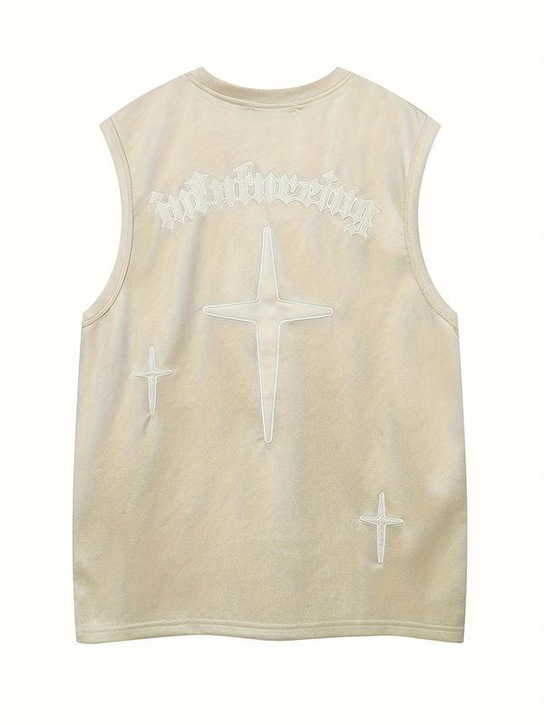 Men's Cross Letter Patched Round Neck Tank Top, Regular Fit Casual Sleeveless Graphic Tee for Summer, Fashion Men's Top for Daily Wear