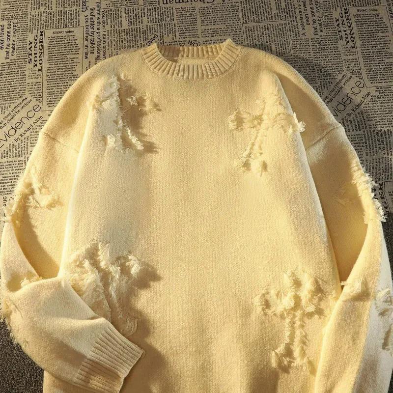 2024 Y2k Streetwear Sweater Men New Retro Hole Fringed Sweater Loose Versatile Knitwear Pullovers Long Sleeve Jumpers Clothing