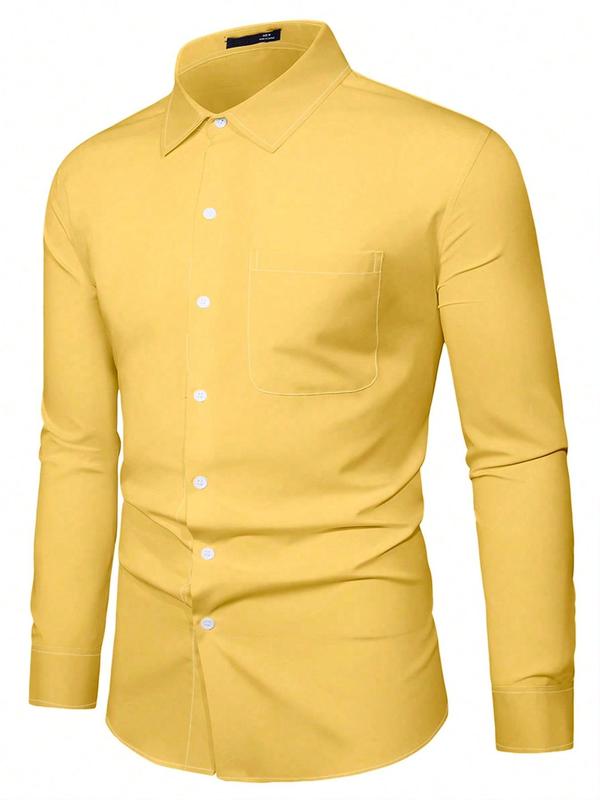 Men's Solid Color Button Front Pocket Dress Shirt, Regular Fit Casual Long Sleeve Collared Top for All Seasons, Men's Clothes for Daily Wear