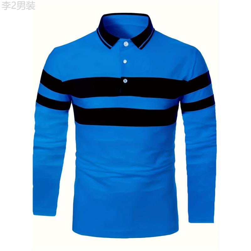 Casual Men's All-match Color Block Long Sleeve Lapel Golf Shirt, Spring Fall Sports Fabric Menswear