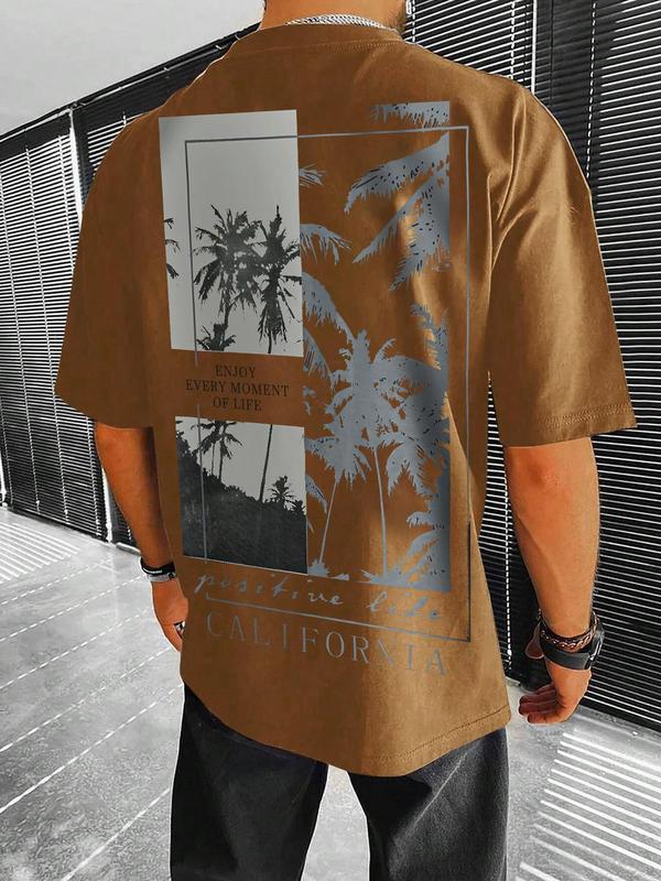 Men's Back To School Short Sleeve Round Neck Graphic Tee, Summer Clothes, Regular Fit Coconut Tree Print Crew Neck T-shirt for Men, Graphic Tees for Men, Summer Tops, Summer Outfits 2024, Men's T Shirts, Casual Comfy Men's Top for Summer