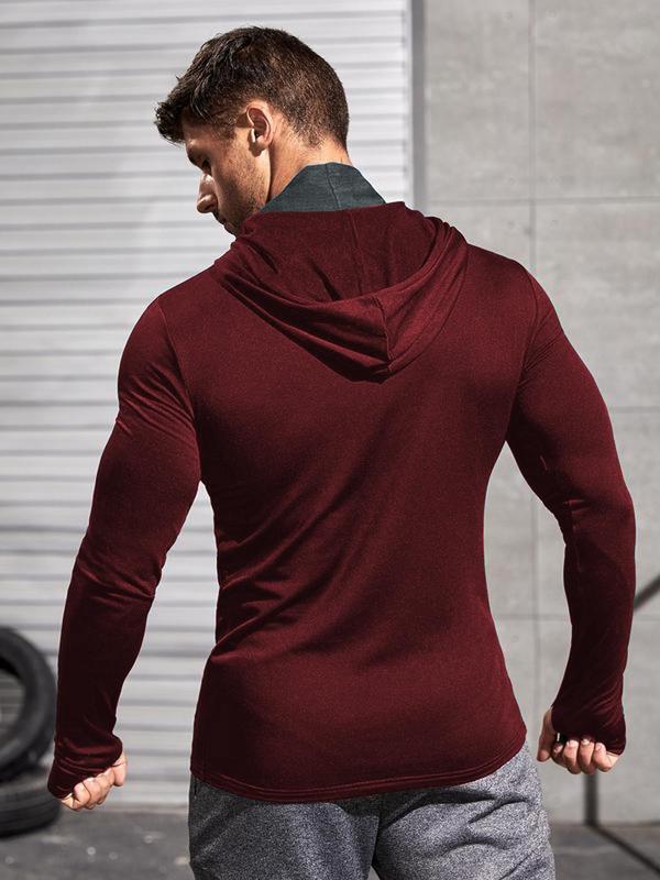 Men's Letter Print Thumb Hole Sports Thermal Underwear Top, Long Sleeve Drawstring Hooded Sports Top, Sportswear Clothing for Indoor Outdoor Wear