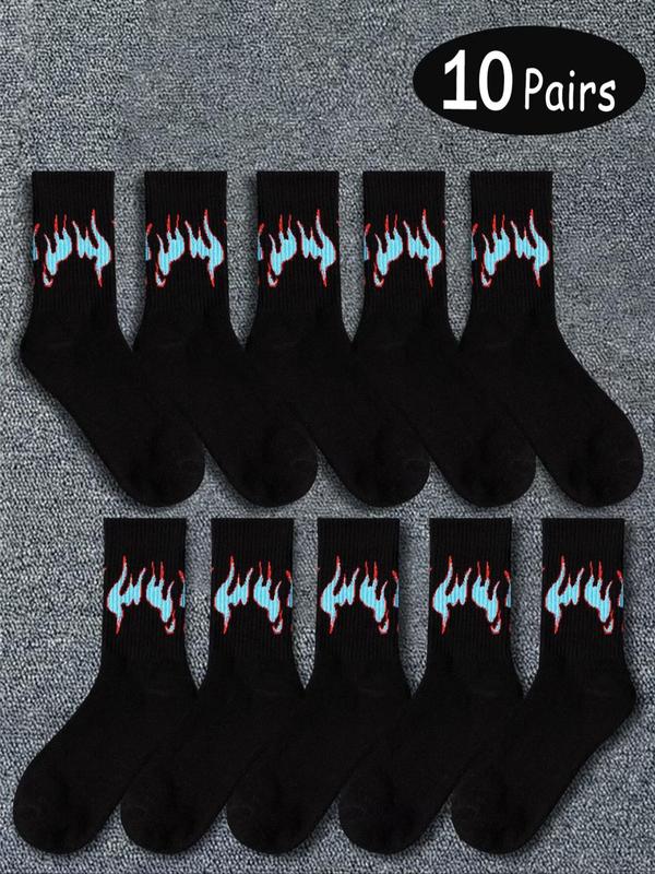 Men's Fire Print Crew Socks, Casual Comfortable Breathable Mid-calf Socks for Daily Wear, Menswear for All Seasons