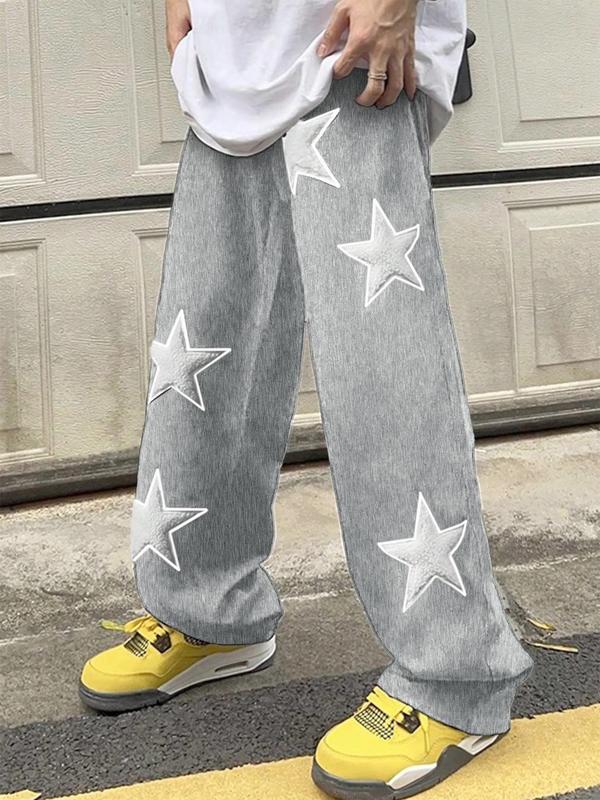 Unisex Men's Star Embroidered Drawstring Waist Pants, Loose Street Pocket Elastic Waist Straight Leg Trousers, Pants for Men, Back To School Clothes, Men's Bottoms for All Seasons, Fall Outfits, Fallfreshness Clothes Vintage Clothing