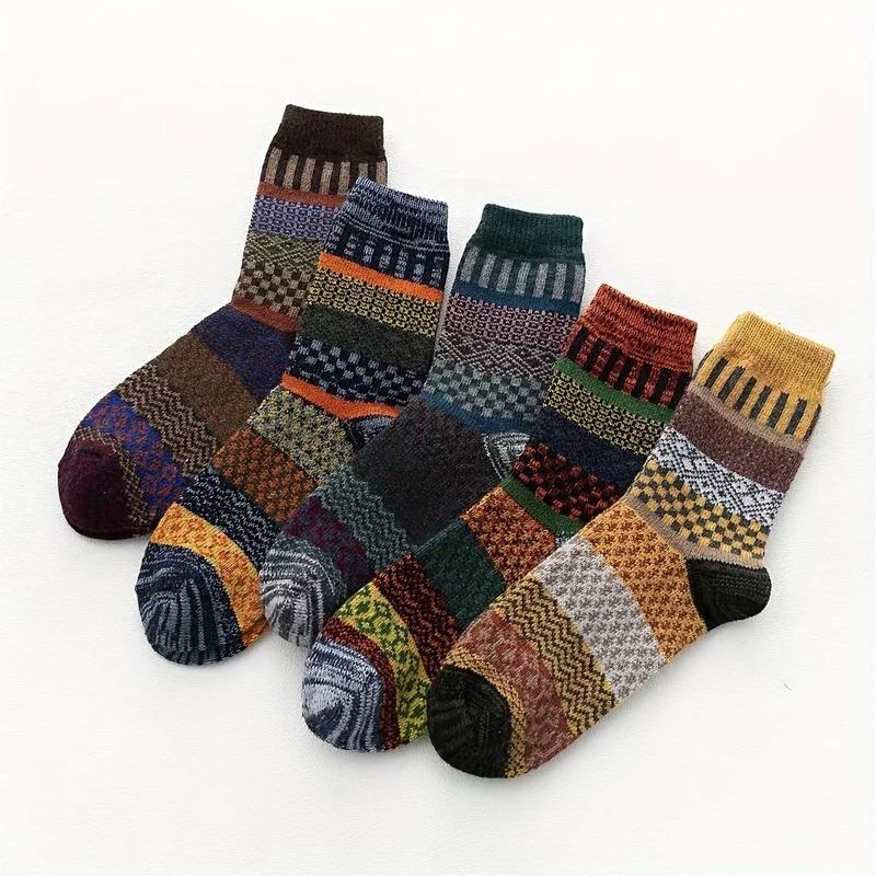 5pairs Unisex Ethnic Style Vintage Thick Wool Warm Crew Men Socks Soft Ultra-Comfortable High Quality Breathable Women's Sock Menswear