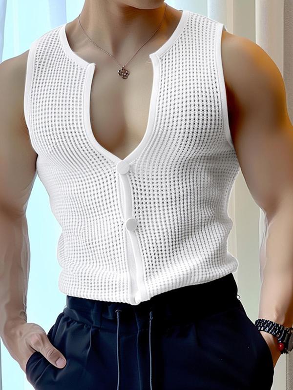 Men's Solid Color Mesh Vest, Regular Fit Casual Sleeveless Button Front Tank Top for Summer, Men's Clothes for Daily Wear