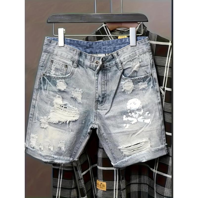 New-Stylish Skull Graphic Ripped Denim Shorts - Men's Casual Cotton Blend Jorts with Pockets for Summer Outdoor Activities, Comfortable and Breathable Menswear Jeans Polyester Print