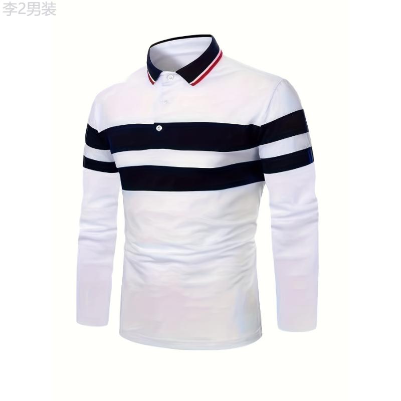 Casual Men's All-match Color Block Long Sleeve Lapel Golf Shirt, Spring Fall Sports Fabric Menswear