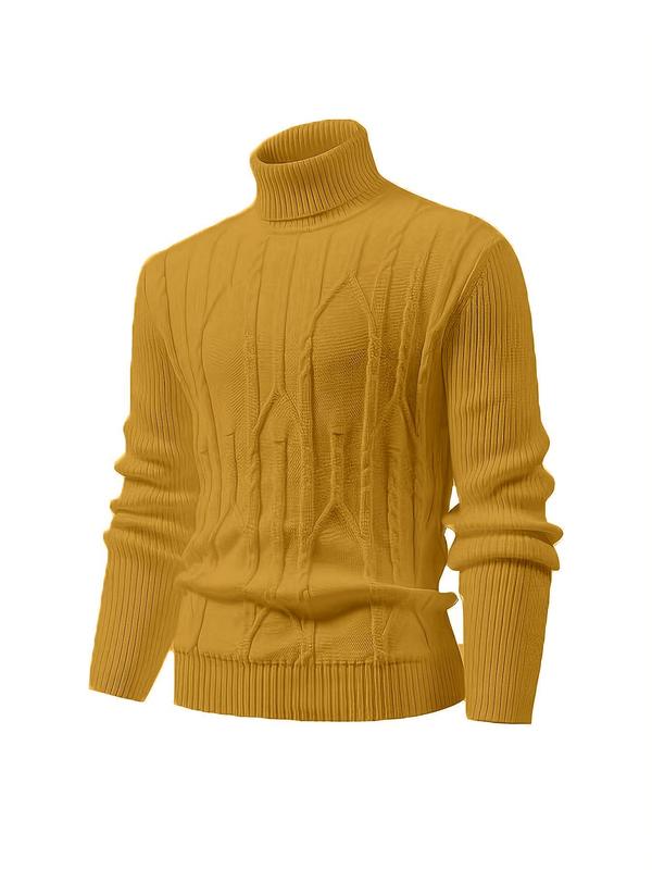 Men's Solid High Neck Cable Knit Sweater, Casual Long Sleeve Jumper for Fall & Winter, Men's Knitwear for Daily Wear