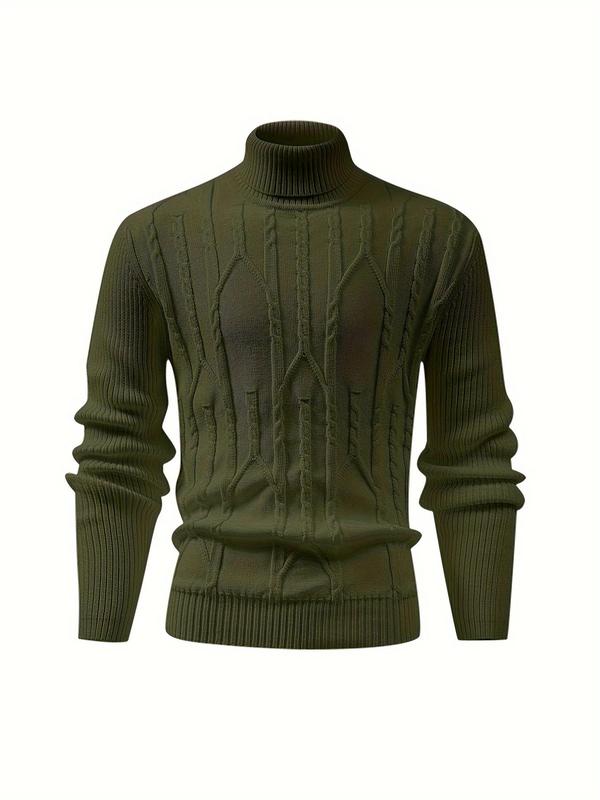 Men's Solid High Neck Cable Knit Sweater, Casual Long Sleeve Jumper for Fall & Winter, Men's Knitwear for Daily Wear