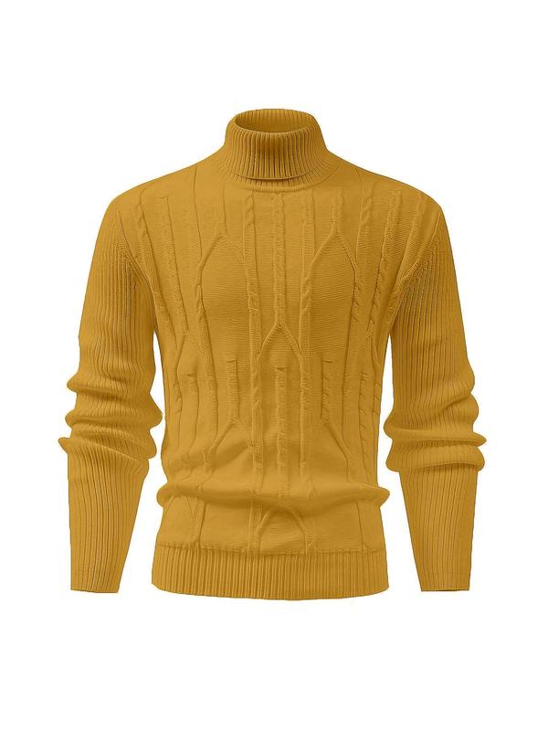 Men's Solid High Neck Cable Knit Sweater, Casual Long Sleeve Jumper for Fall & Winter, Men's Knitwear for Daily Wear