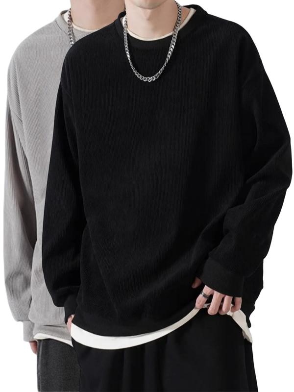 Men's Simple Stylish Solid Drop Shoulder Long Sleeve Crewneck Corduroy Sweatshirt, Trendy Soft Preppy Regular Fit Round Neck Loose Pullover Tops, Men's Fall Streetwear Clothes, Fall Outfits, Fallfreshness, 80s Preppy Style