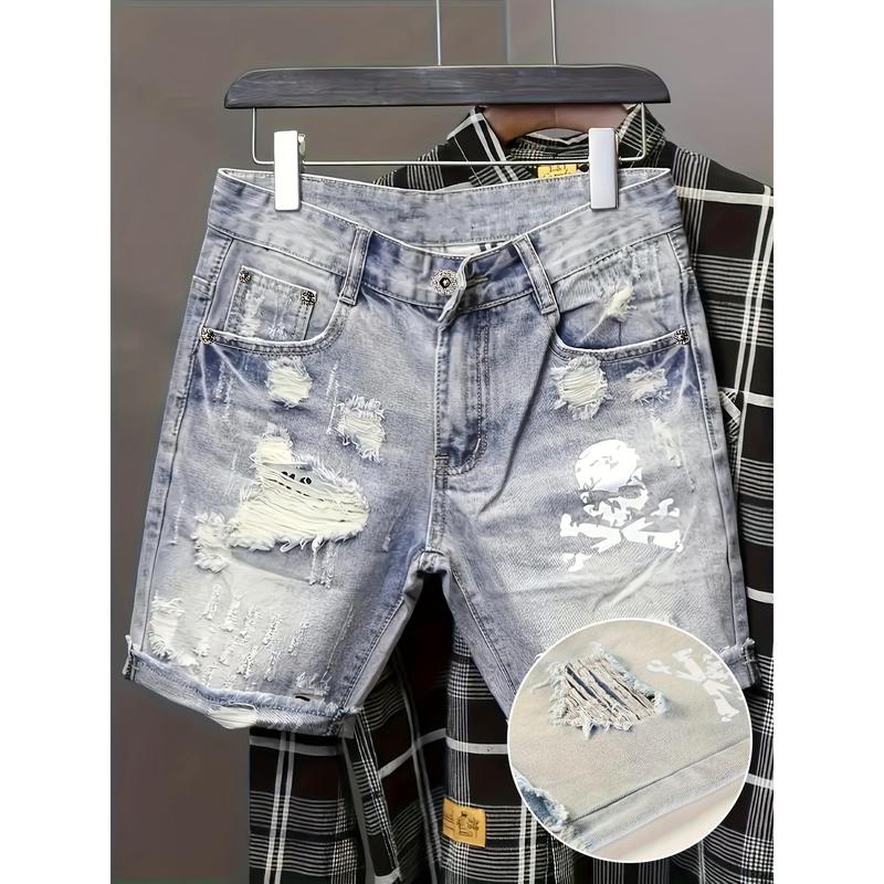 New-Stylish Skull Graphic Ripped Denim Shorts - Men's Casual Cotton Blend Jorts with Pockets for Summer Outdoor Activities, Comfortable and Breathable Menswear Jeans Polyester Print