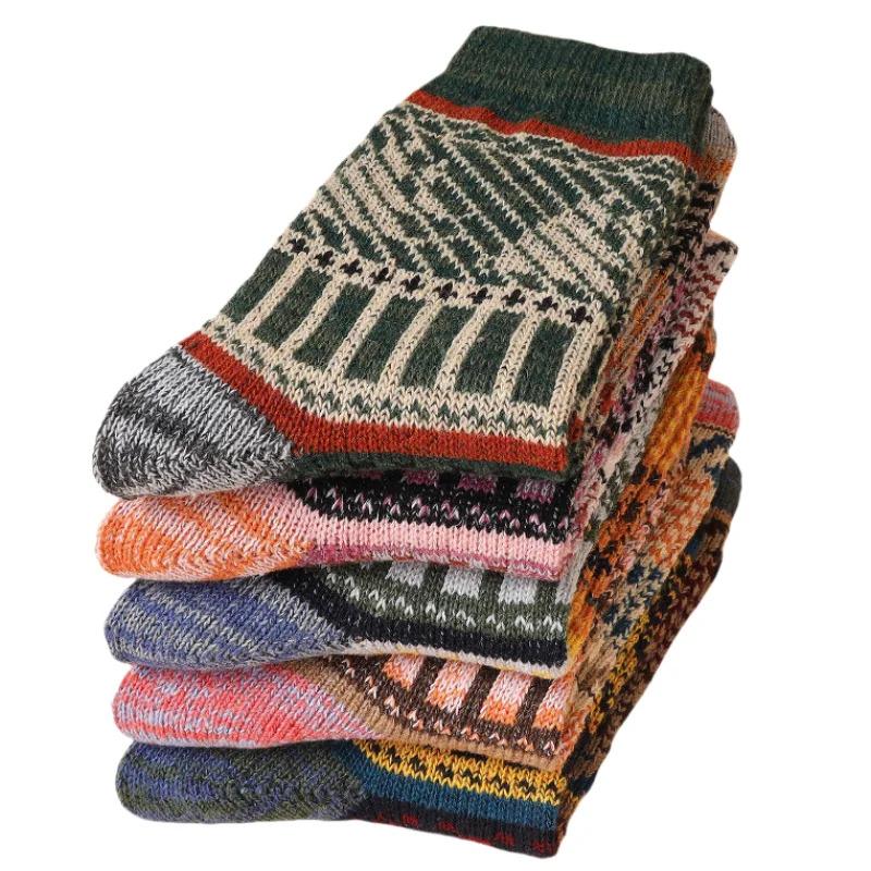 5pairs Unisex Ethnic Style Vintage Thick Wool Warm Crew Men Socks Soft Ultra-Comfortable High Quality Breathable Women's Sock Menswear