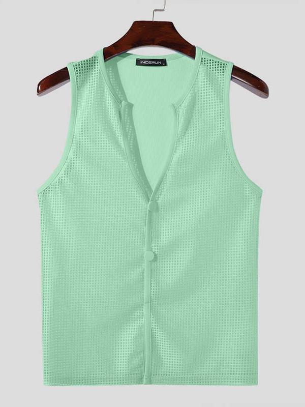 Men's Solid Color Mesh Vest, Regular Fit Casual Sleeveless Button Front Tank Top for Summer, Men's Clothes for Daily Wear