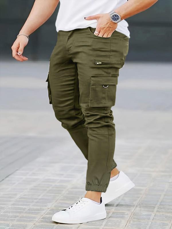 Men's Solid Flap Pocket Cargo Pants, Slim Casual Street Elastic Waist Trousers for Fall & Winter, Pants for Men, Men's Bottoms for Daily Wear