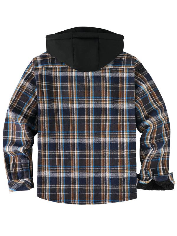 Men's Regular Fit Plaid Print Patched Drawstring Zip Up Hooded Jacket, Casual Long Sleeve Pocket Thermal Lined  Outerwear for Fall & Winter, Men's Clothes for Daily Wear Patchwork Zip Up Menswear Coats