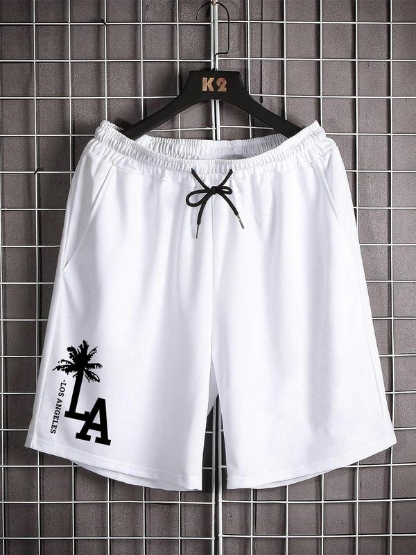 Men's Coconut Tree & Letter Print Pocket Drawstring Shorts, Back To School Loose Casual Streetwear Elastic Waist Straight Leg Shorts for Summer, Fashion Men's Bottoms for Daily Wear