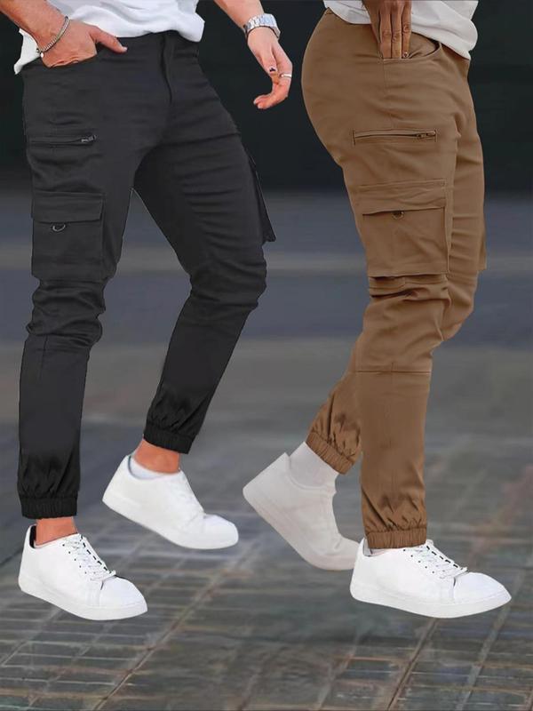 Men's Solid Flap Pocket Cargo Pants, Slim Casual Street Elastic Waist Trousers for Fall & Winter, Pants for Men, Men's Bottoms for Daily Wear