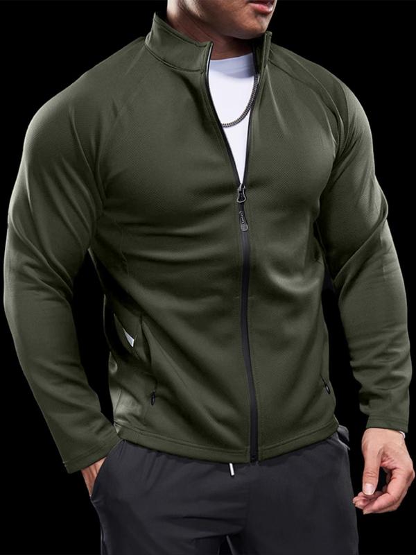 Men's Solid Zip Up Sports Jacket, Casual Long Sleeve Pocket Zipper Outerwear for Outdoor Activities, Men's Sportswear for Fall & Winter