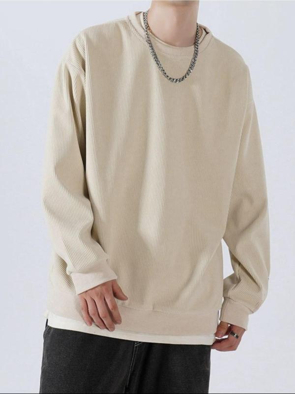 Men's Simple Stylish Solid Drop Shoulder Long Sleeve Crewneck Corduroy Sweatshirt, Trendy Soft Preppy Regular Fit Round Neck Loose Pullover Tops, Men's Fall Streetwear Clothes, Fall Outfits, Fallfreshness, 80s Preppy Style