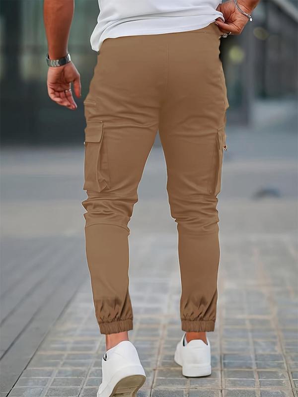 Men's Solid Flap Pocket Cargo Pants, Slim Casual Street Elastic Waist Trousers for Fall & Winter, Pants for Men, Men's Bottoms for Daily Wear