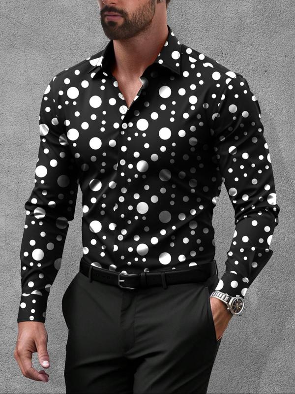 Men's Polka Dot Print Button Front Shirt, Regular Fit Casual Long Sleeve Collared Top for Spring & Fall, Men's Clothes for Daily Wear