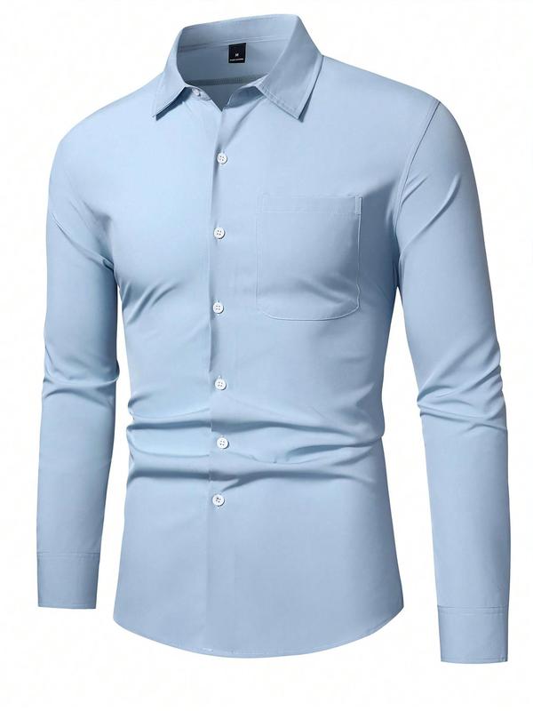 Men's Solid Color Button Front Pocket Dress Shirt, Regular Fit Casual Long Sleeve Collared Top for All Seasons, Men's Clothes for Daily Wear