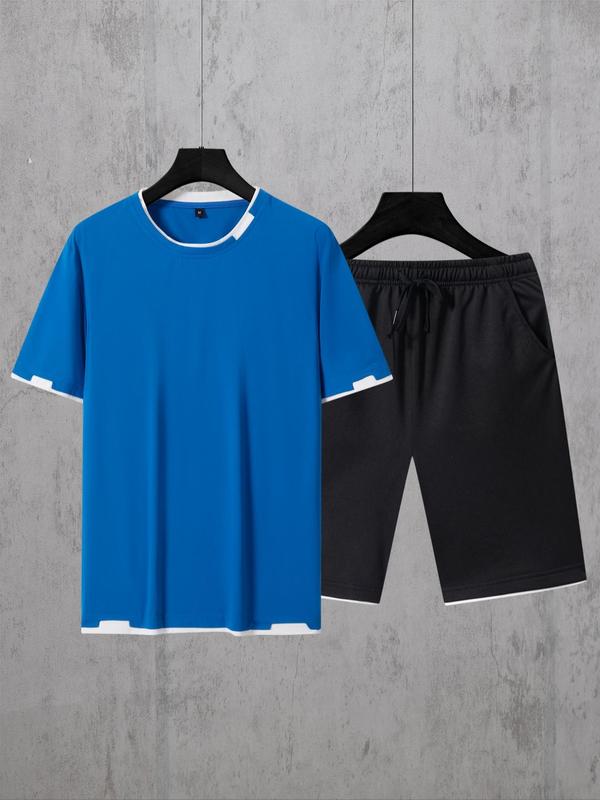 Two-Piece Set Men's Contrast Binding Letter Patched Shorts Set, Casual Streetwear Short Sleeve Round Neck Tee & Drawstring Pocket Shorts, Outfit Sets for Men, Fashion Summer Clothes