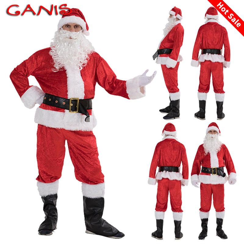 Christmas Santa Claus Party Cosplay Costume, Red Santa Zipper Coat+Pants+Hat+Belt+Beard+Shoes, Multiple sizes, Holiday Party Outfits