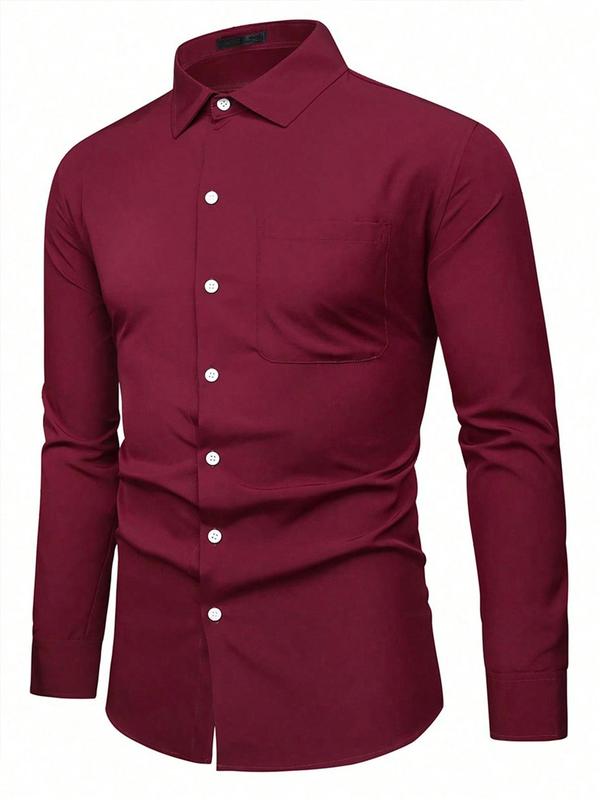 Men's Solid Color Button Front Pocket Dress Shirt, Regular Fit Casual Long Sleeve Collared Top for All Seasons, Men's Clothes for Daily Wear