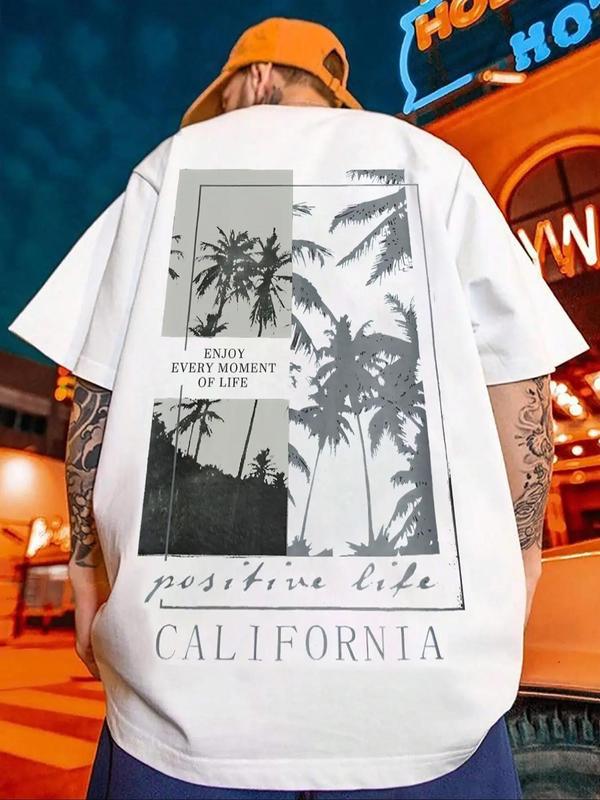 Men's Back To School Short Sleeve Round Neck Graphic Tee, Summer Clothes, Regular Fit Coconut Tree Print Crew Neck T-shirt for Men, Graphic Tees for Men, Summer Tops, Summer Outfits 2024, Men's T Shirts, Casual Comfy Men's Top for Summer