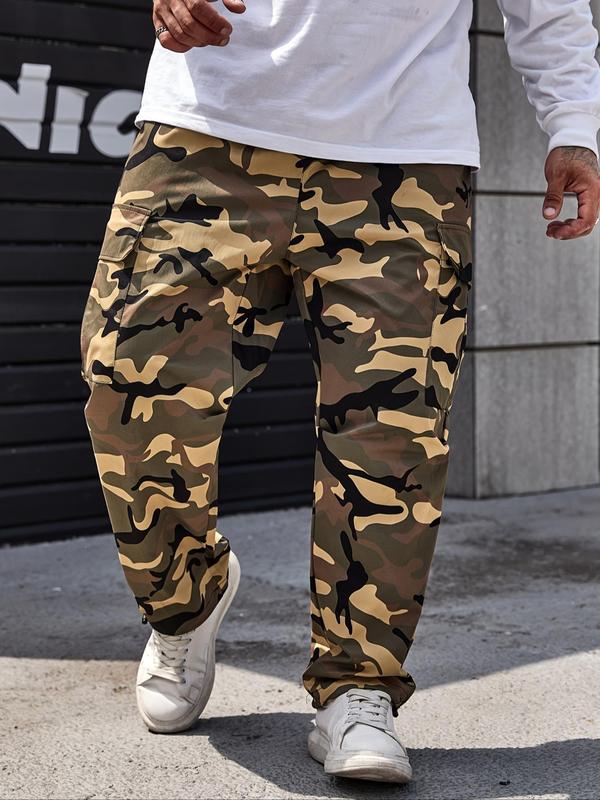 Men's Plus Size Camo Print Drawstring Waist Cargo Pants for Spring, Casual Fashion Comfy Pocket Trousers for Daily Wear, Men's Plus Size Bottoms for Spring & Fall