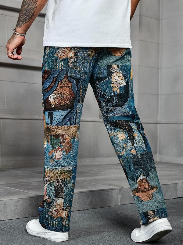 Men's All Over Print Drawstring Waist Pants, Casual Comfy Regular Fit Pocket Trousers for Daily Wear, Fashion Men's Bottoms for All Seasons