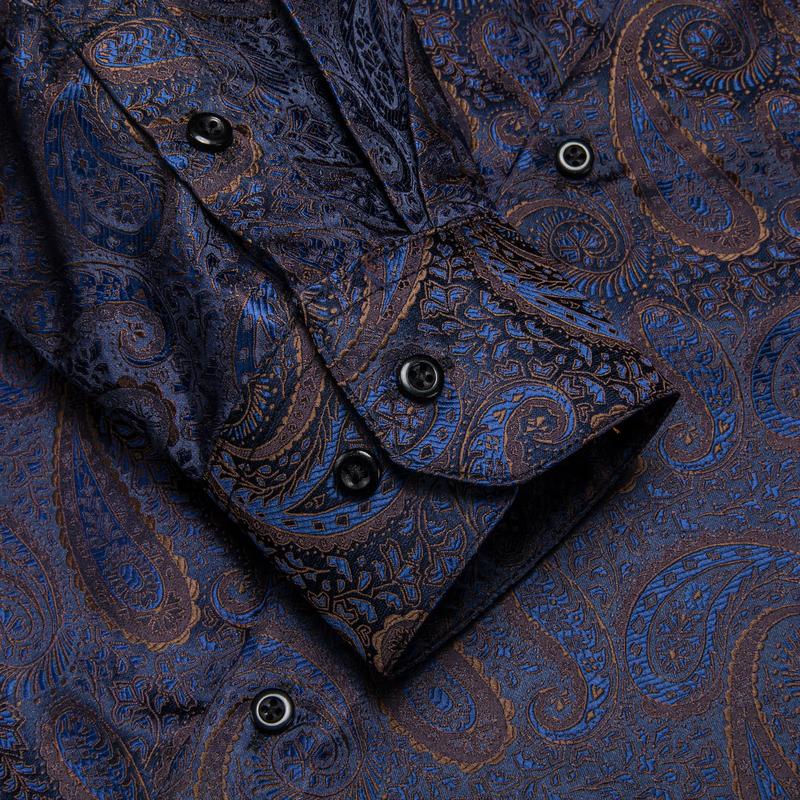 Mens Long Sleeve Deep Blue Brown Jacquard Paisley Top Collar Casual