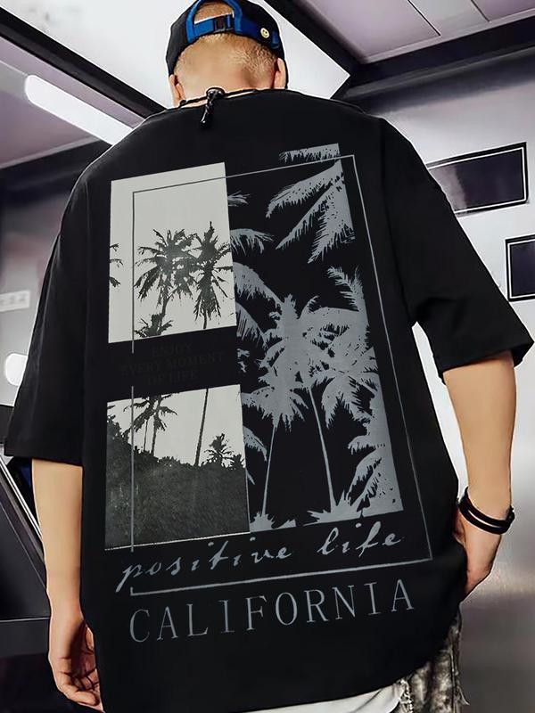 Men's Back To School Short Sleeve Round Neck Graphic Tee, Summer Clothes, Regular Fit Coconut Tree Print Crew Neck T-shirt for Men, Graphic Tees for Men, Summer Tops, Summer Outfits 2024, Men's T Shirts, Casual Comfy Men's Top for Summer