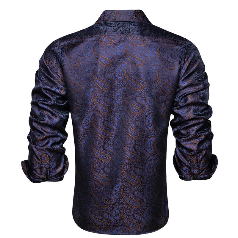 Mens Long Sleeve Deep Blue Brown Jacquard Paisley Top Collar Casual