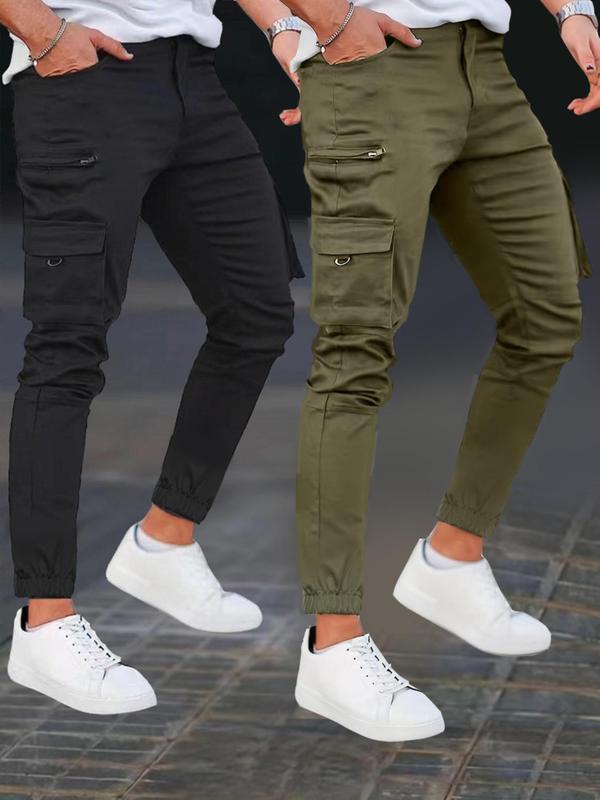 Men's Solid Flap Pocket Cargo Pants, Slim Casual Street Elastic Waist Trousers for Fall & Winter, Pants for Men, Men's Bottoms for Daily Wear