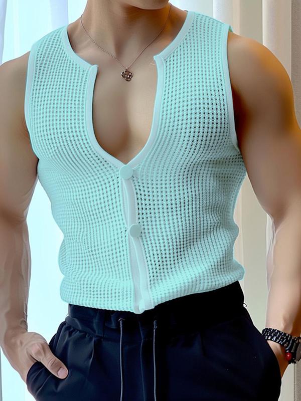 Men's Solid Color Mesh Vest, Regular Fit Casual Sleeveless Button Front Tank Top for Summer, Men's Clothes for Daily Wear