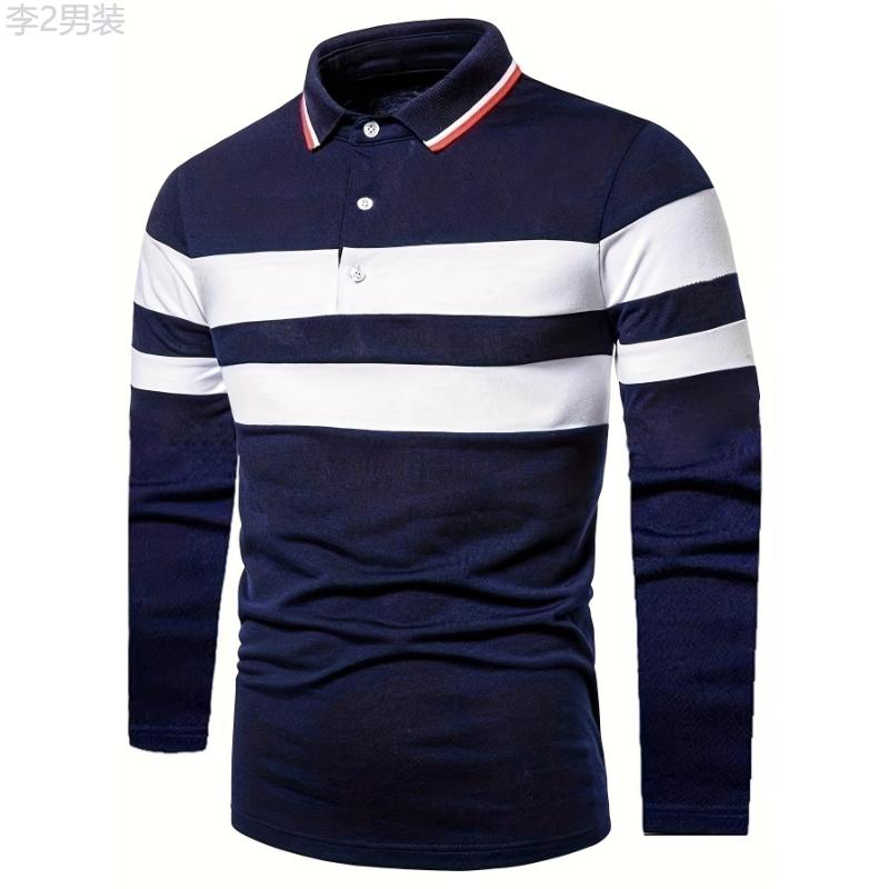 Casual Men's All-match Color Block Long Sleeve Lapel Golf Shirt, Spring Fall Sports Fabric Menswear