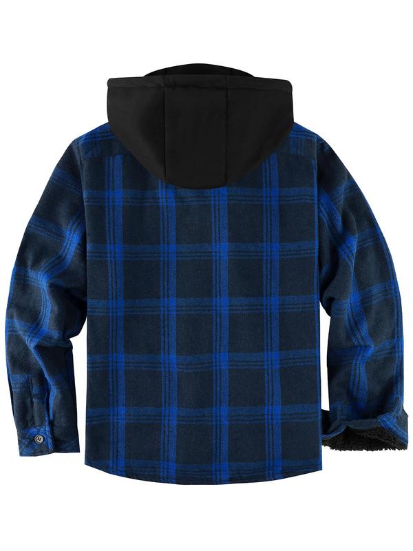 Men's Regular Fit Plaid Print Patched Drawstring Zip Up Hooded Jacket, Casual Long Sleeve Pocket Thermal Lined  Outerwear for Fall & Winter, Men's Clothes for Daily Wear Patchwork Zip Up Menswear Coats