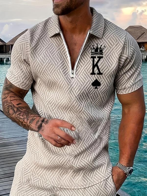 Men's All Over Print Zipper Polo Shirt, Regular Fit Casual Letter & Crown Print Short Sleeve Top, Men's Clothes for Daily Wear