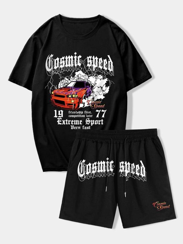 2 Piece Set Men's Regular Fit Letter Print Tee & Drawstring Shorts Set, Crew Neck Short Sleeve T-Shirt & Track Shorts, Casual Top & Sweat Shorts, Summer Men Clothes Set for Outdoor