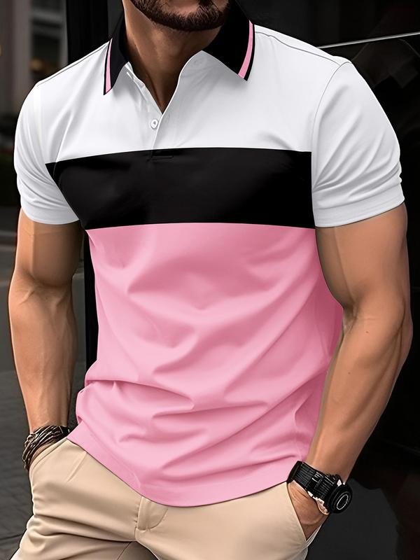 Men's Colorblock Patchwork Short Sleeve Polo Shirt, Regular Fit Casual Button Front Collared Top for Spring & Fall, Fashion Men's Streetwear for Daily Wear, Polo Clothes, Teacher Outfits 2024, Going Out College Tops, Fall Clothes for Men